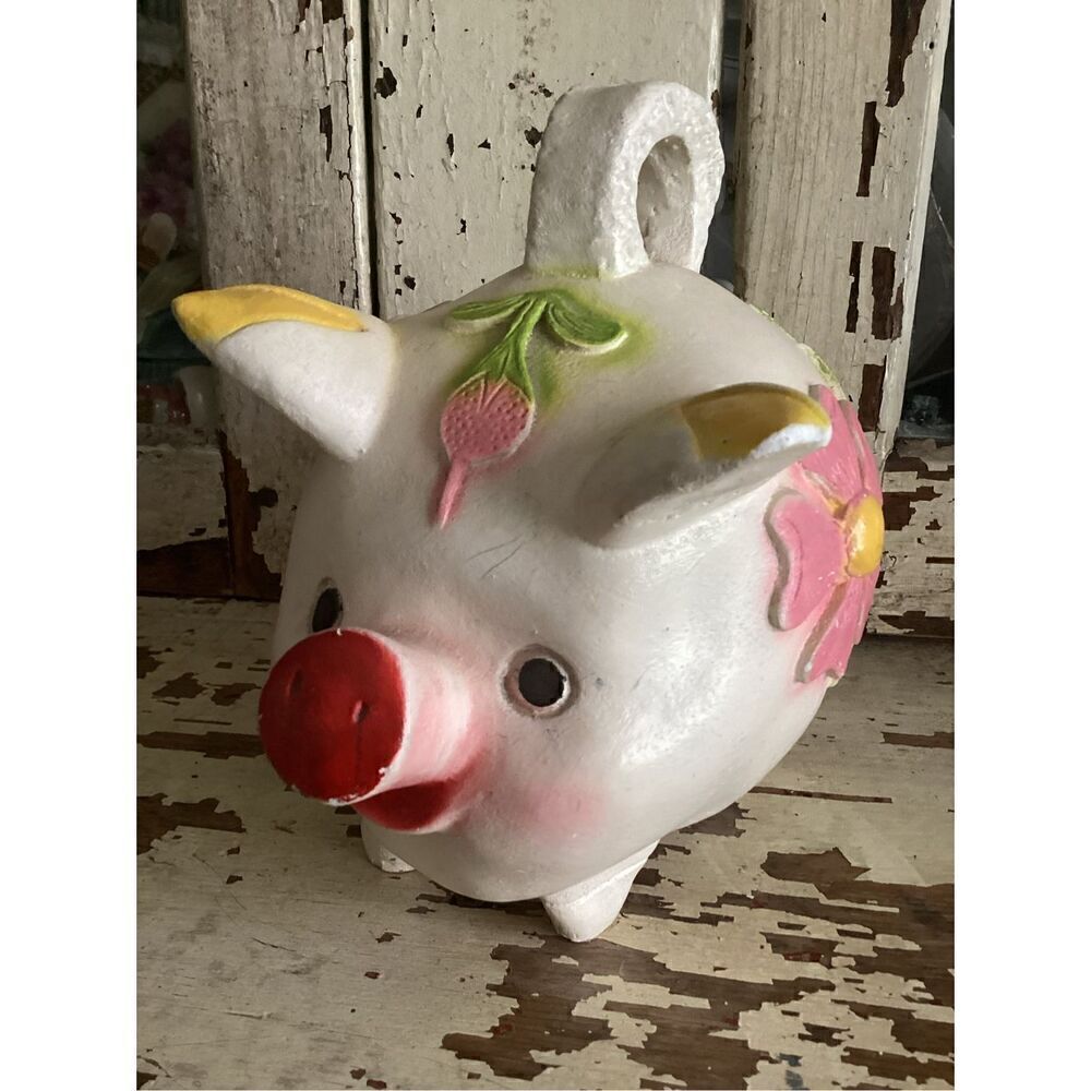 Mexico Folk Art Chalkwsre Plaster Piggy Bank Handmade 1970s Flowers